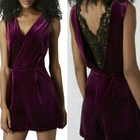 Topshop Petite deep wine colour purple velvet shorts romper lace back size US2 - Picture 1 of 9